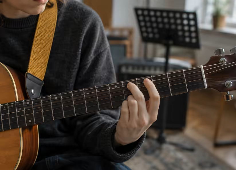 A teenager fretting a chord on an acoustic guitar