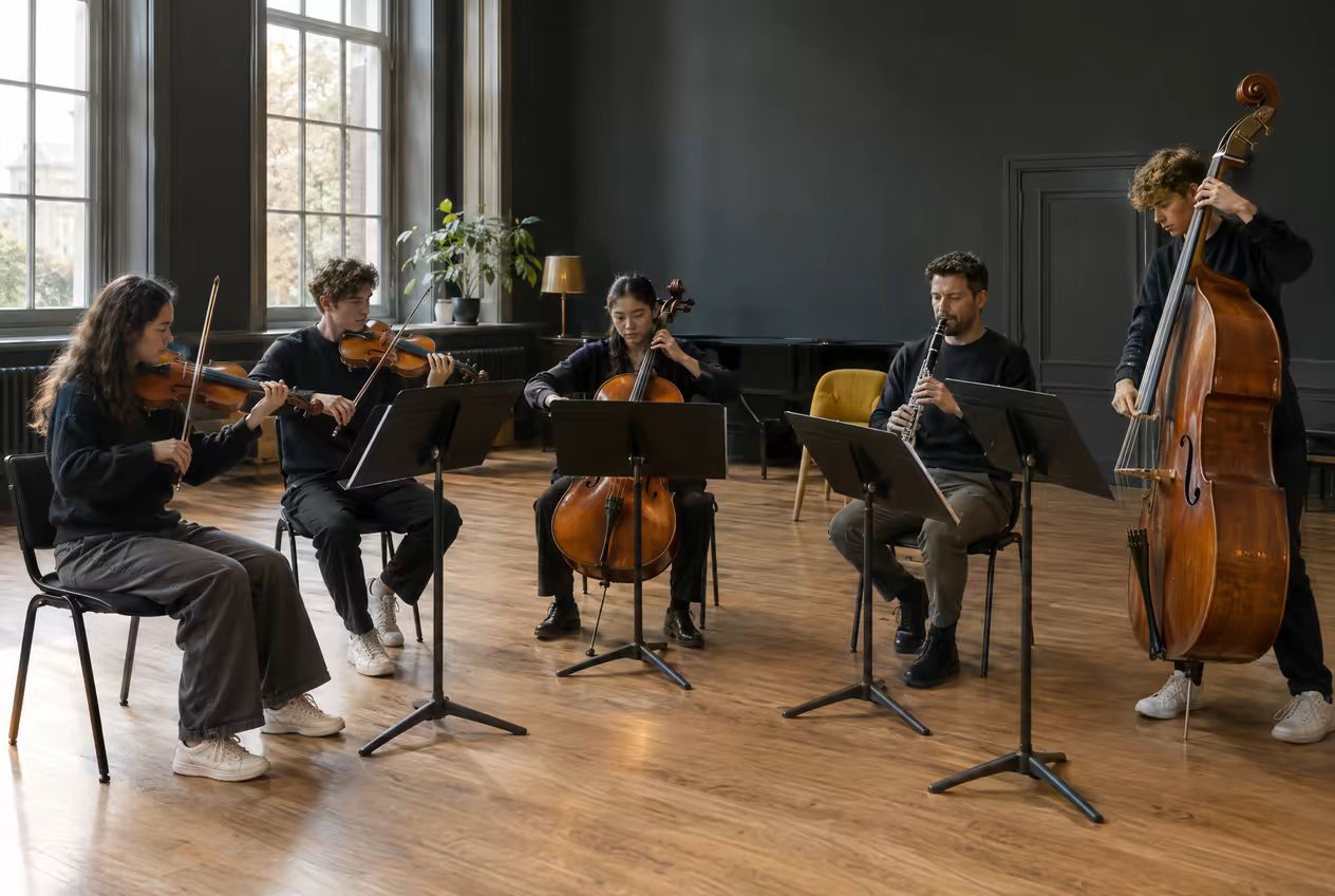 A chamber ensemble rehearsing in a wood-floored hall