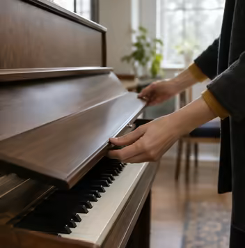 Hands closing the lid of a walnut upright piano